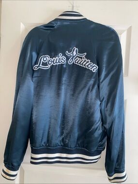 Louis Vuitton Navy Satin Varsity Bomber Jacket with White Script